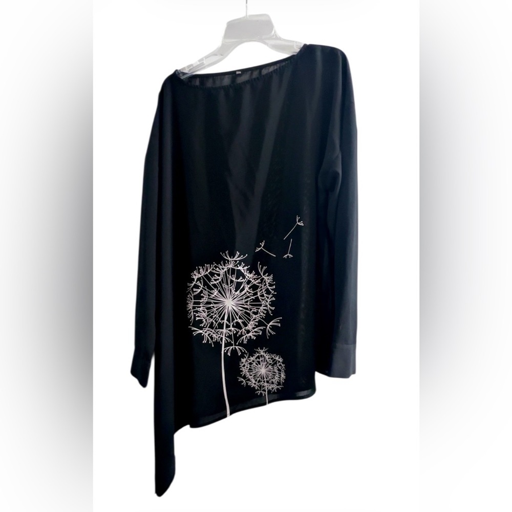 Black asymmetrical long sleeve tunic, featuring a white dandelion graphic print - Picture 3 of 6
